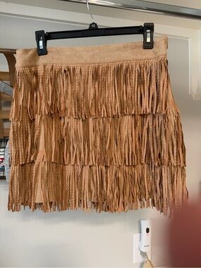 Tiered Fringe Mini Skirt in Tan with Gold Stud Accents